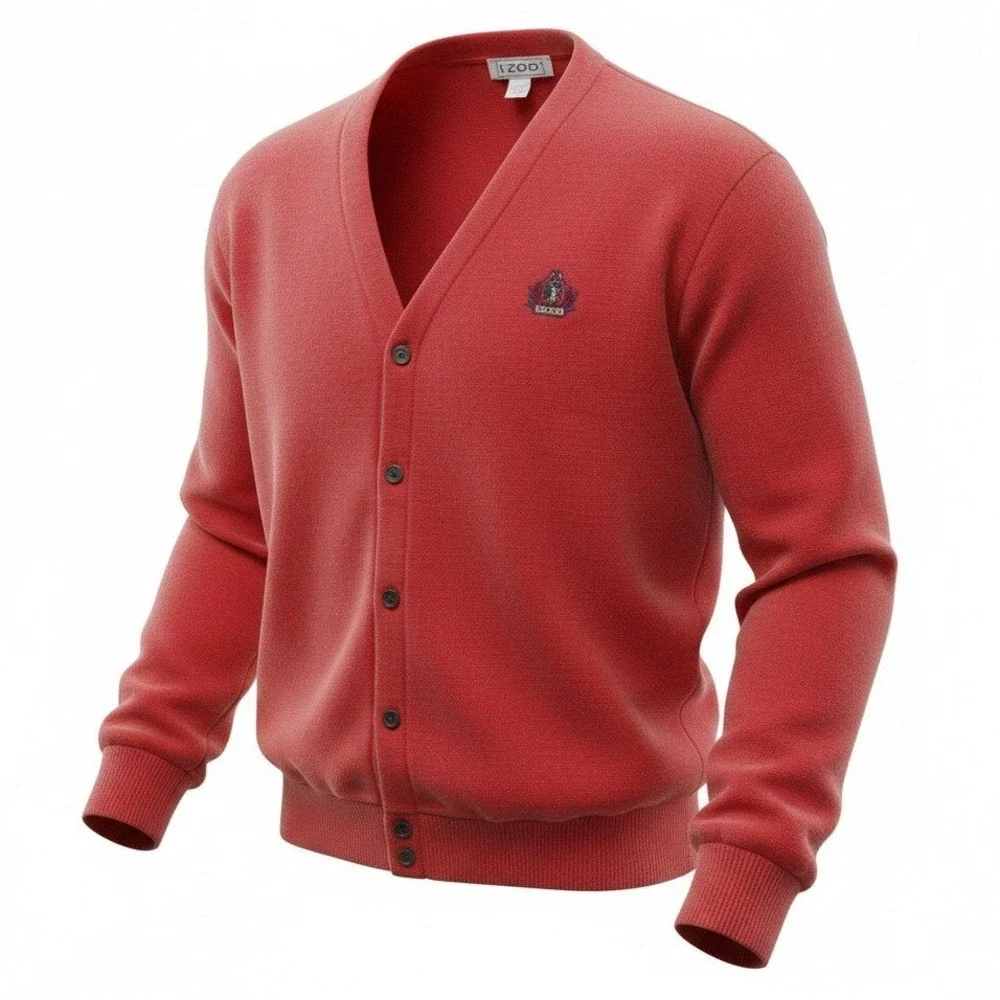 IZOD Cardigan Sweater Mens XL Red Vintage Crest Logo V-Neck Acrylic USA